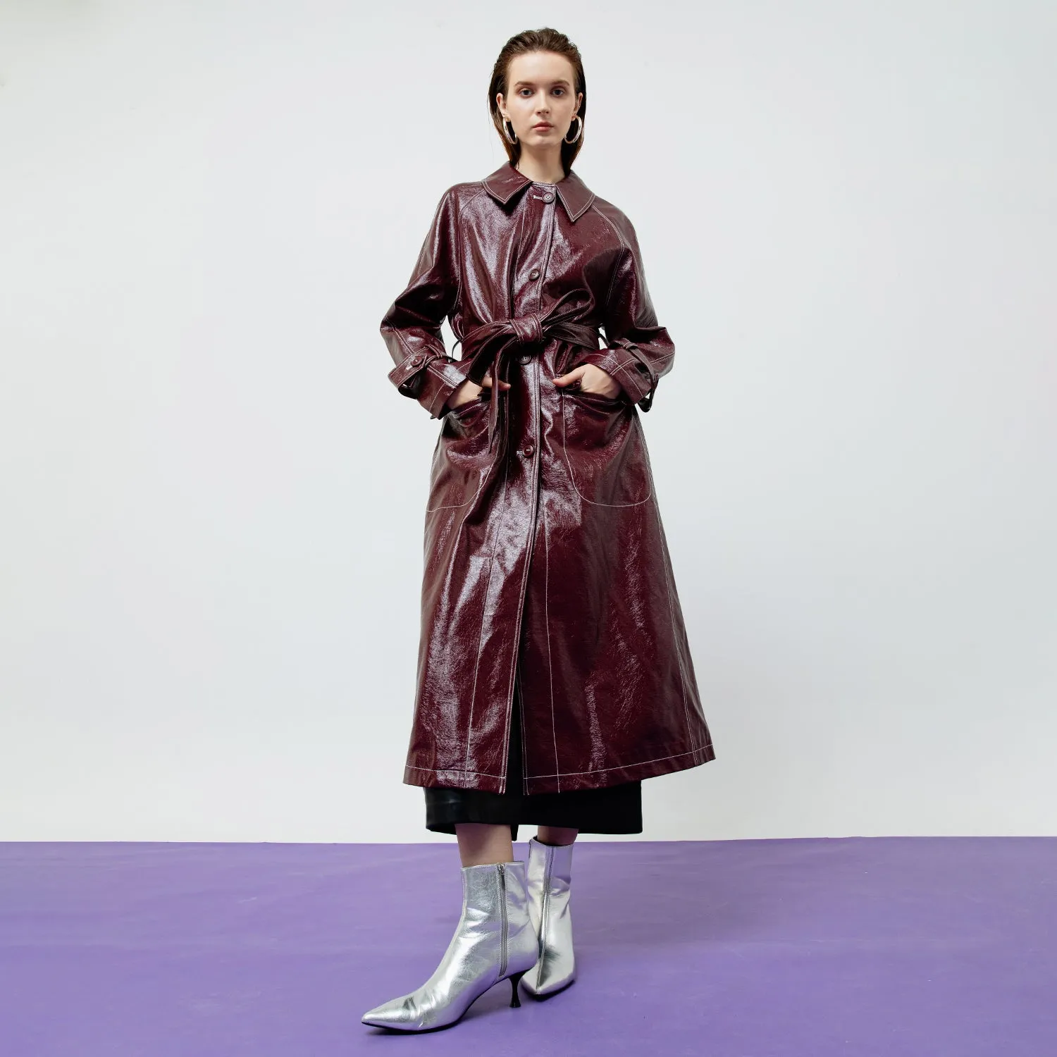 Bria Faux Leather Trench Coat in Maroon