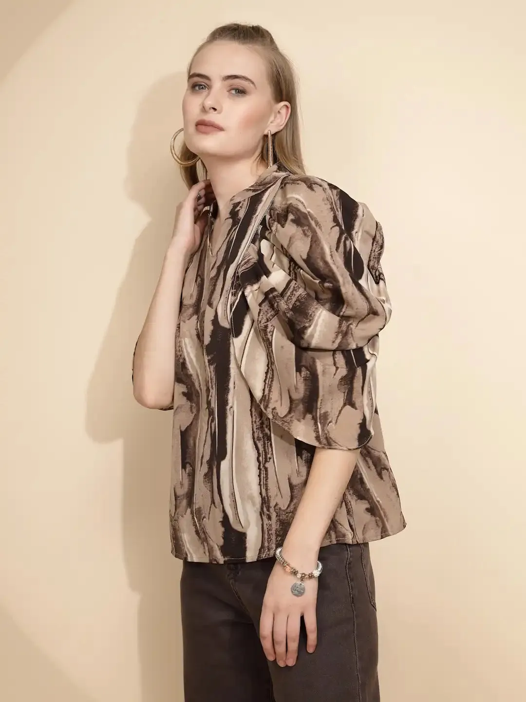Coffee Polyester Blend Loose Fit Blouse For Women