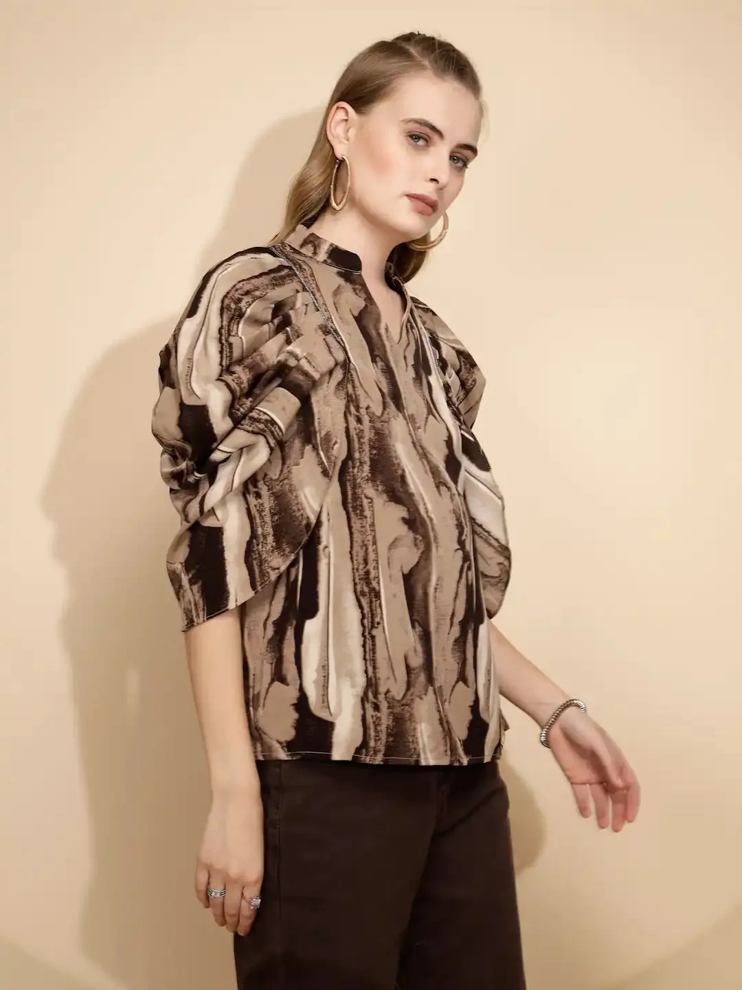 Coffee Polyester Blend Loose Fit Blouse For Women
