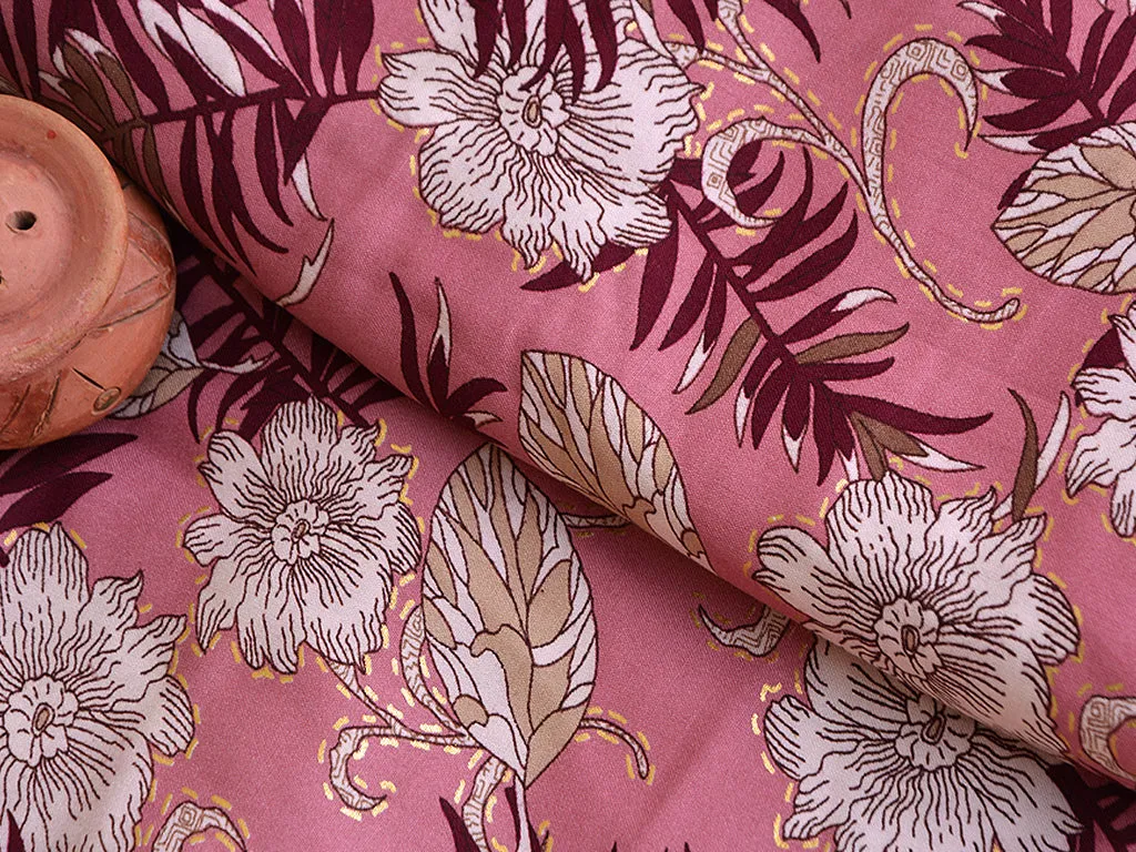Coral Pink & Brown Floral Digital Print Cotton Rayon Fabric