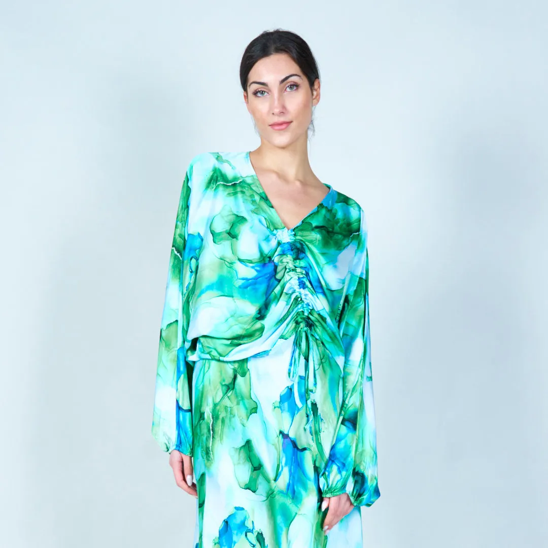 Drawstring ruched abstract print blouse wholesale