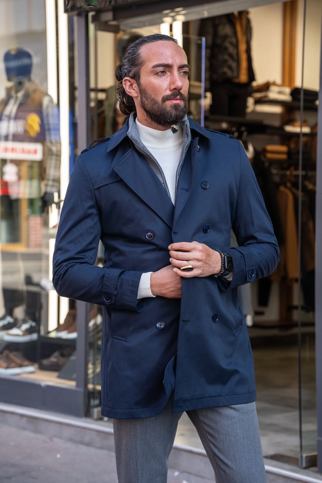 Eden Slim Fit Wide Collared Navy Trench Coat