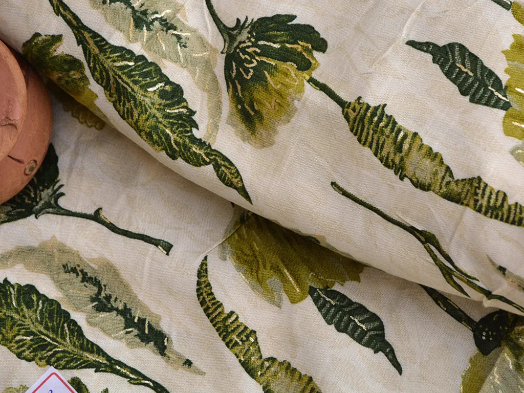 Leaf Green & Cream Floral Digital Print Cotton Rayon Fabric