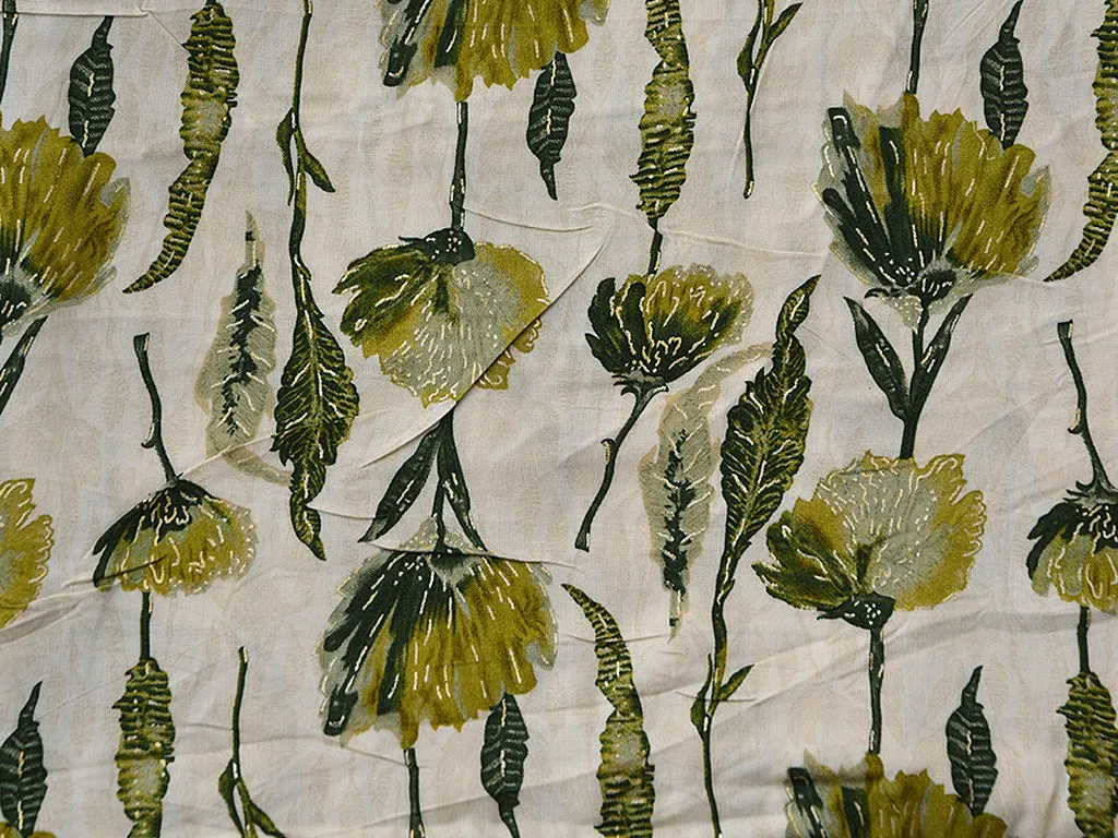 Leaf Green & Cream Floral Digital Print Cotton Rayon Fabric