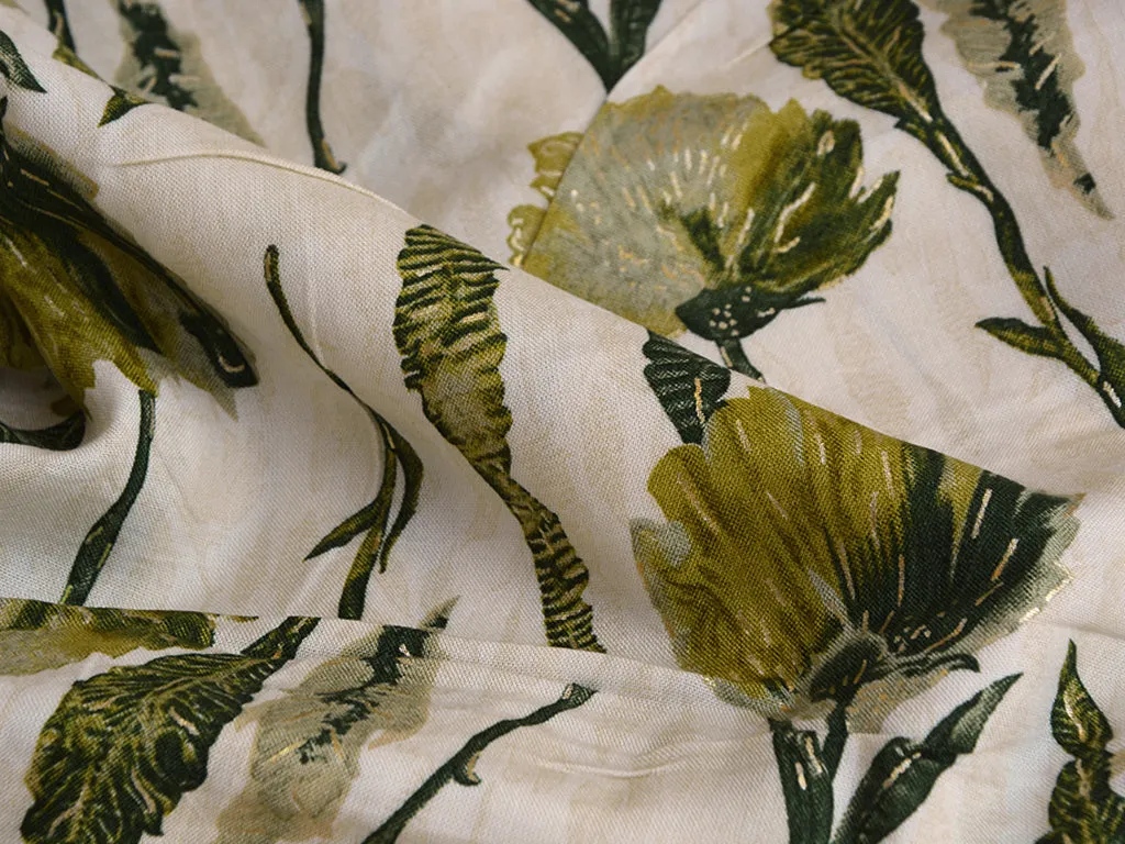 Leaf Green & Cream Floral Digital Print Cotton Rayon Fabric