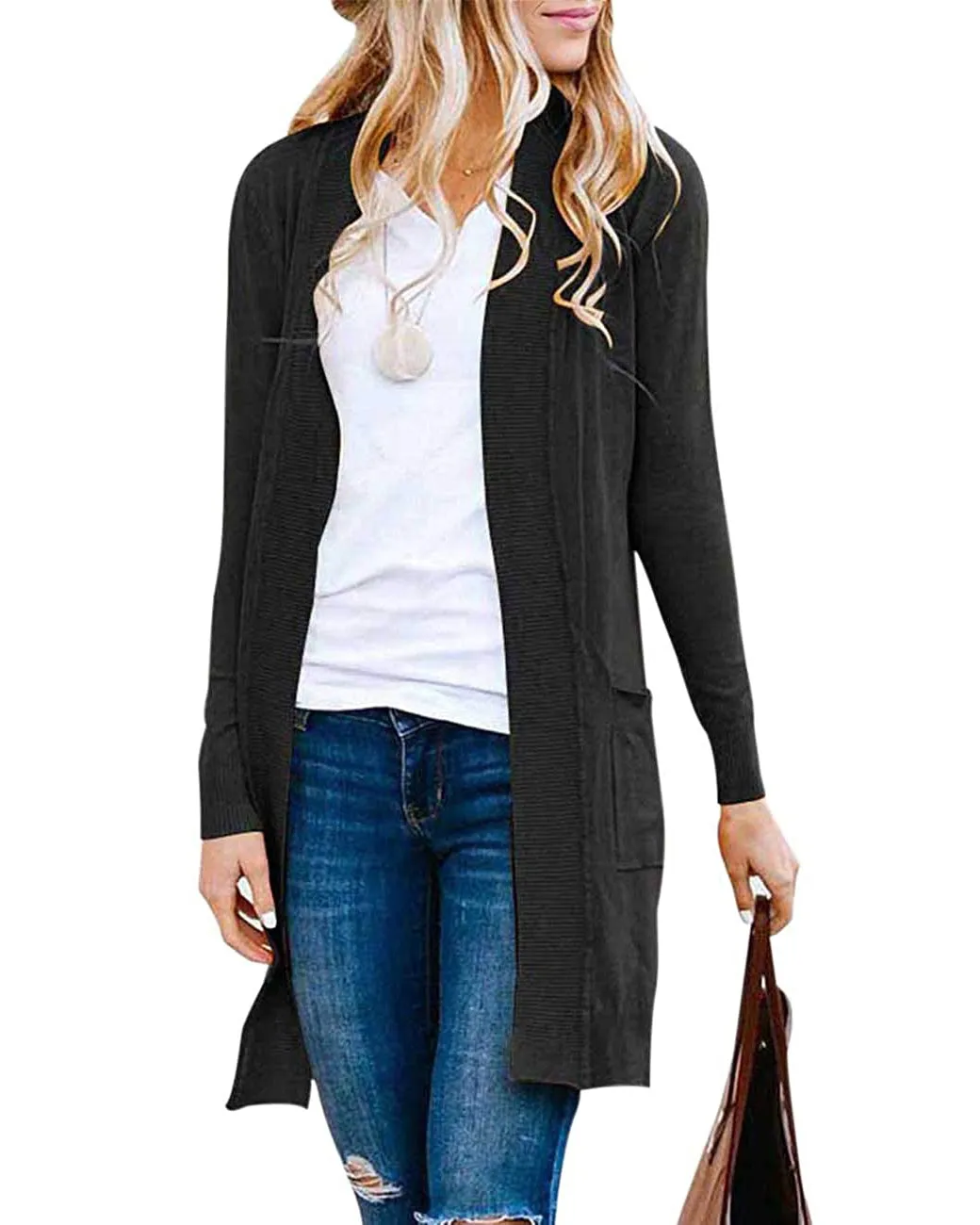 MEROKEETY Open Front Ribbed Knit Cardigan