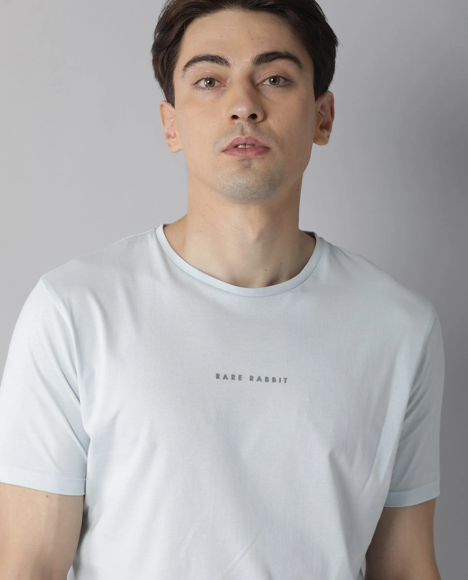 Rare Rabbit Men's Rabbit-4 Pastel Blue Crew Neck HD Print Branding Half Sleeves Regular Fit T-Shirt
