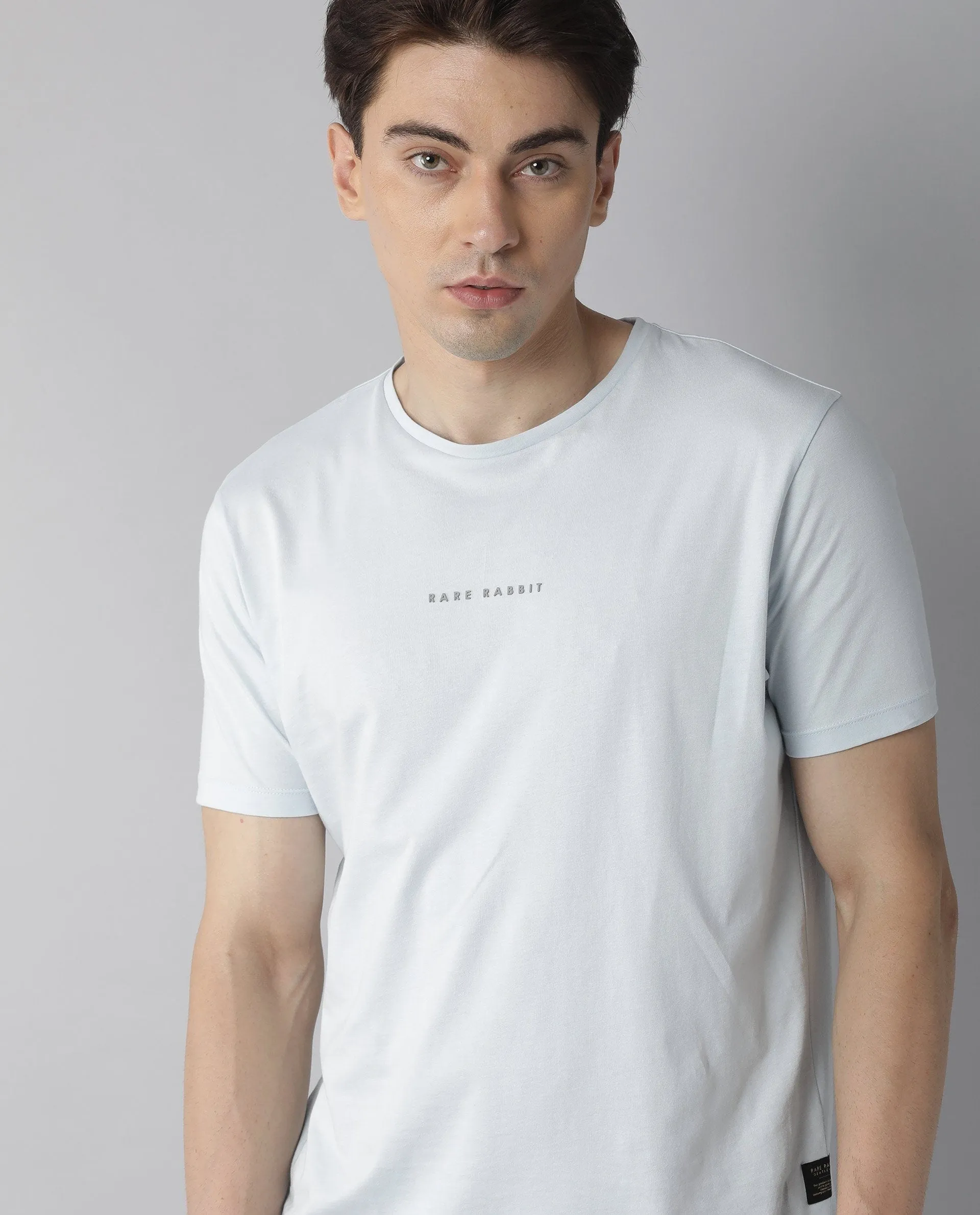 Rare Rabbit Men's Rabbit-4 Pastel Blue Crew Neck HD Print Branding Half Sleeves Regular Fit T-Shirt