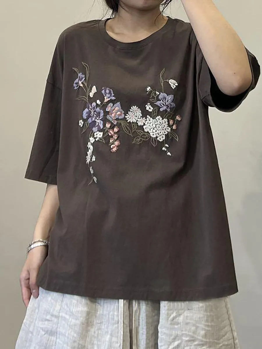 Women Summer Floral Embroidery Cotton Shirt AA1027