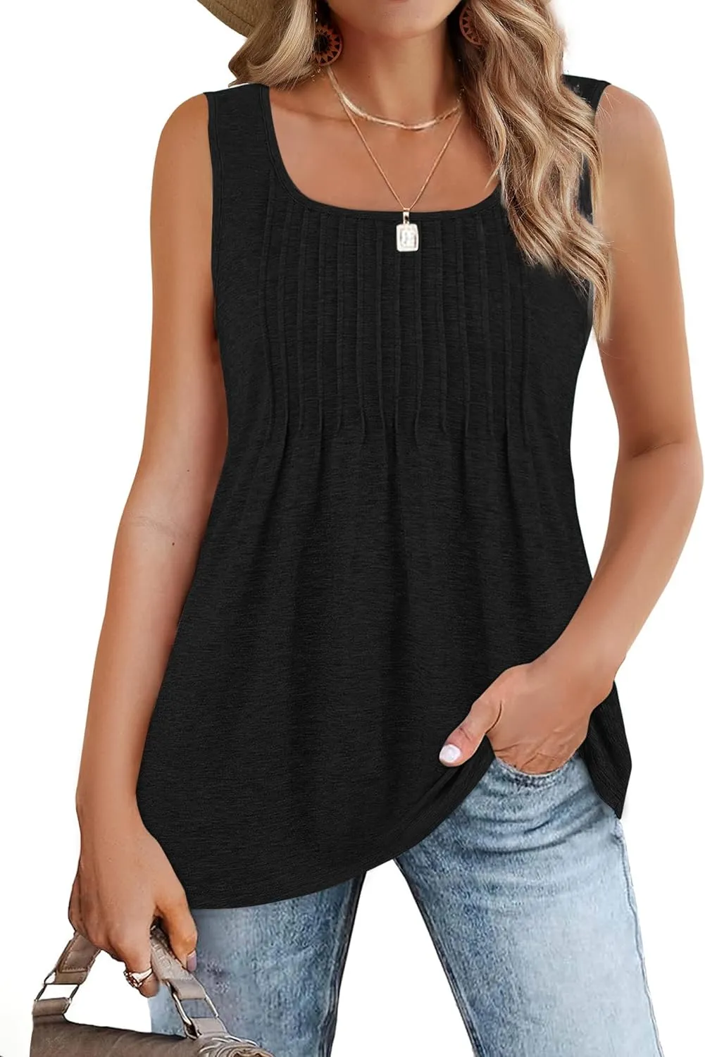 Zeagoo Women's Summer Sleeveless Tank Tops Pleated Square Neck Loose Fit Casual Flowy Tunic Tank Tops 2024